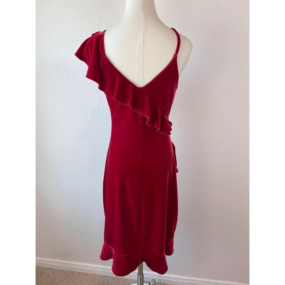 Express Velvet Red One Shoulder Mini Dress Ruffle V Neck size Small Whimsigoth - Picture 8 of 11